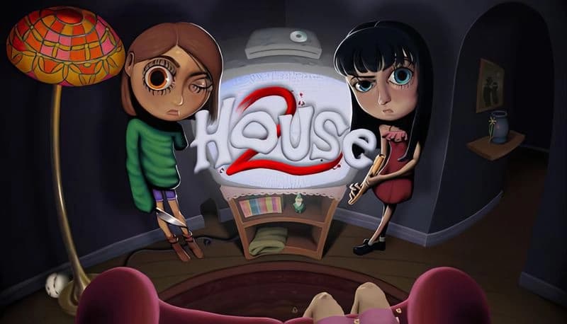 House 2: Two young girls with oversized eyes hold weapons in a dimly lit room, facing a glowing TV with "House 2" displayed.