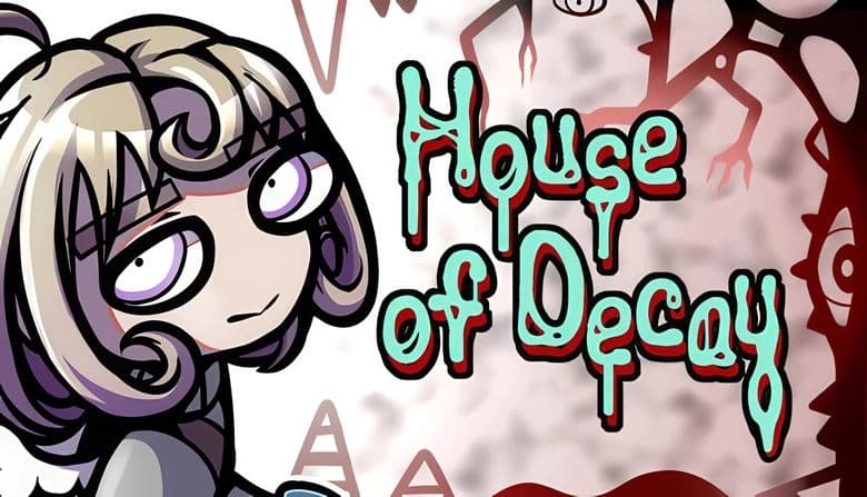 House Of Decay: Young girl with large eyes and curly hair in eerie setting with shadowy figures and abstract shapes.