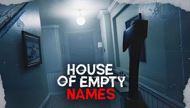 House of Empty Names: Dark hallway with axe-wielding figure, dim light overhead, and framed picture on white-paneled walls.