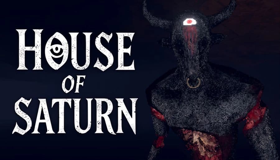House of Saturn: horned demonic figure with a single glowing eye and red mouth emerging from black smoke backdrop.