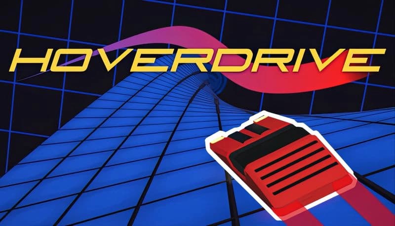 HOVERDRIVE: Red hoverboarding device speeds along a neon blue grid tunnel, creating a vibrant sci-fi environment.