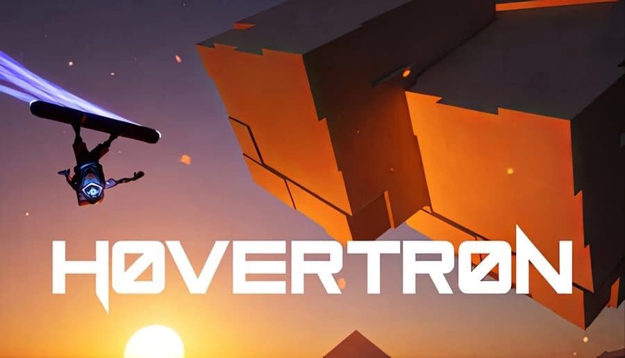 Hovertron: silhouetted rider flips a hoverboard above angular orange platforms against a purple sunset sky.