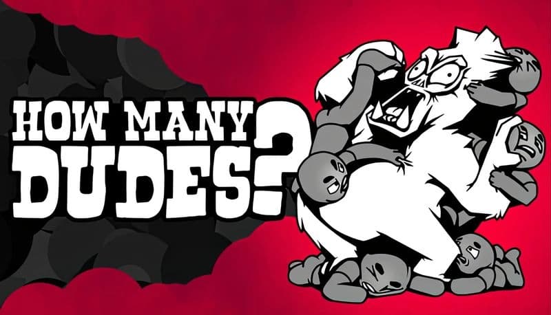 How Many Dudes?: Cartoon gorilla battles swarm of tiny warrior dudes with helmets, set against bold red and black backdrop.