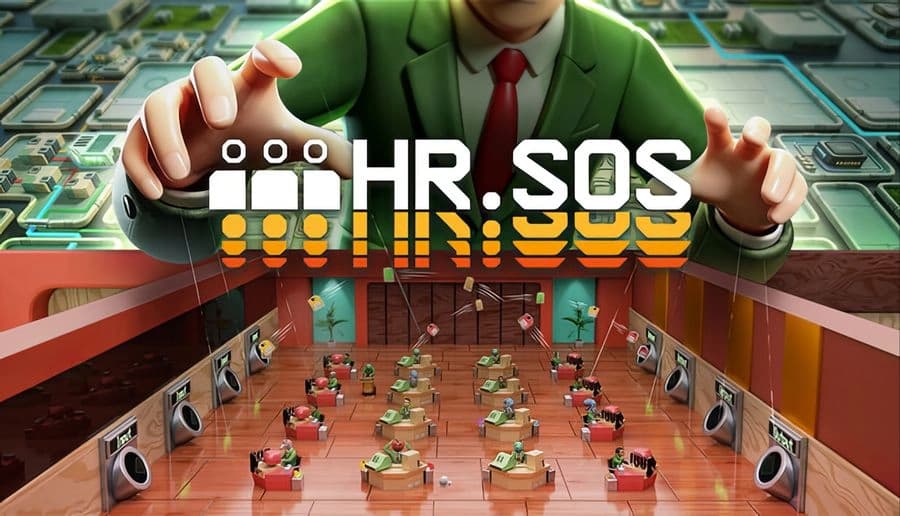 HR.SOS: Large suited man points at miniature office desks with workers and computers in a cutaway factory room backdrop.