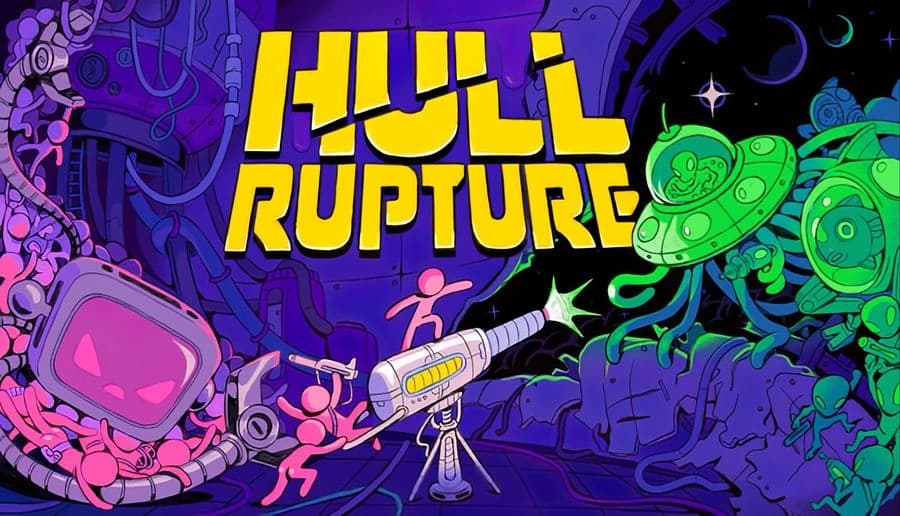 Hull Rupture: Pink crew and turret fire at green saucer aliens amid purple space debris and tentacles in space scene.