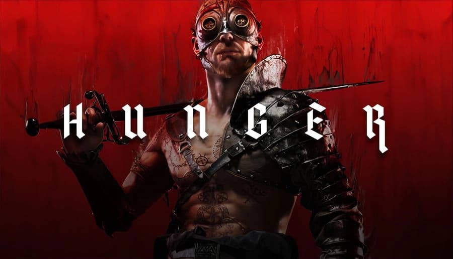 HUNGER: masked man grips a bloodied machete, leather armor and scars against a dark red splattered backdrop.