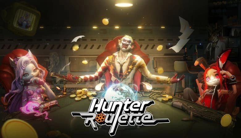 An armed menacing monkey man sits confidently at a roulette table, flanked by a young bunny woman and cat woman. Coins fly.
