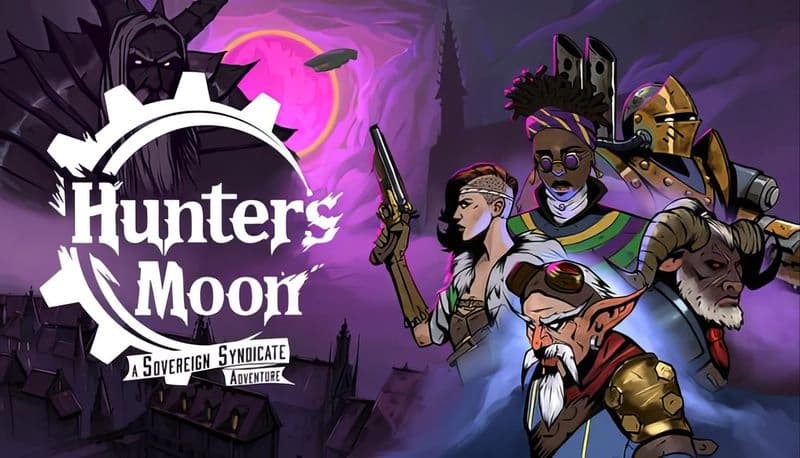 Hunter's Moon: Diverse group, including elf and robot knight, ready for action against giant shadow in a foggy, gothic cityscape.