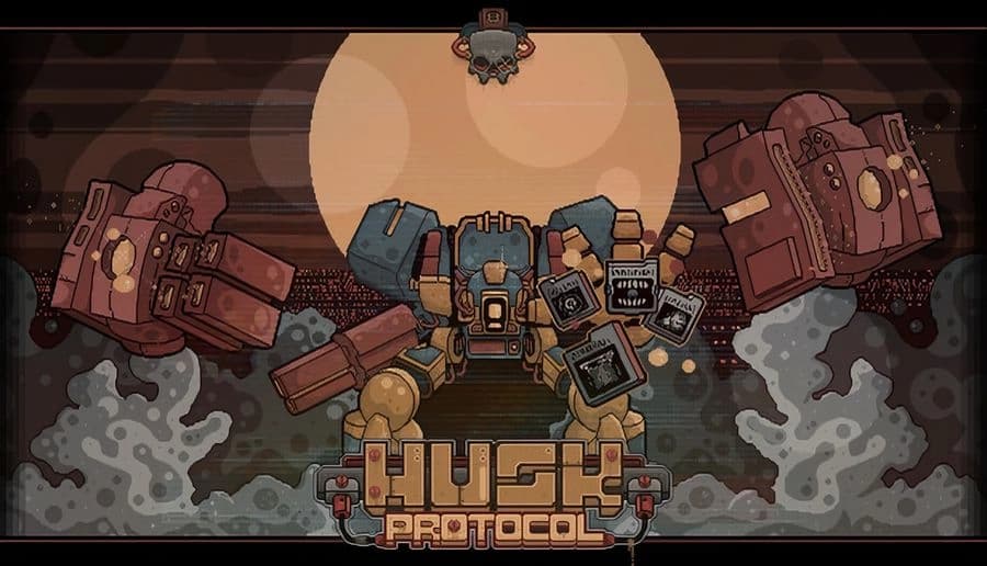 Husk Protocol: blue mech with glowing eyes holding cards, flanked by giant robot arms in a smoky orange cityscape.