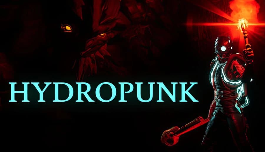 HYDROPUNK: Armored man raises red flare while holding wrench weapon in dark smoky tunnel with teal rim light.