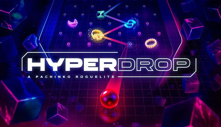 HYPERDROP: Neon pinball board with glowing bumpers, rings, and a red ball amid floating cubes on a grid backdrop.