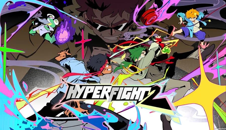 HYPERFIGHT 2: Four fighters clash with punches and energy blasts on a neon-splashed arena banner background.