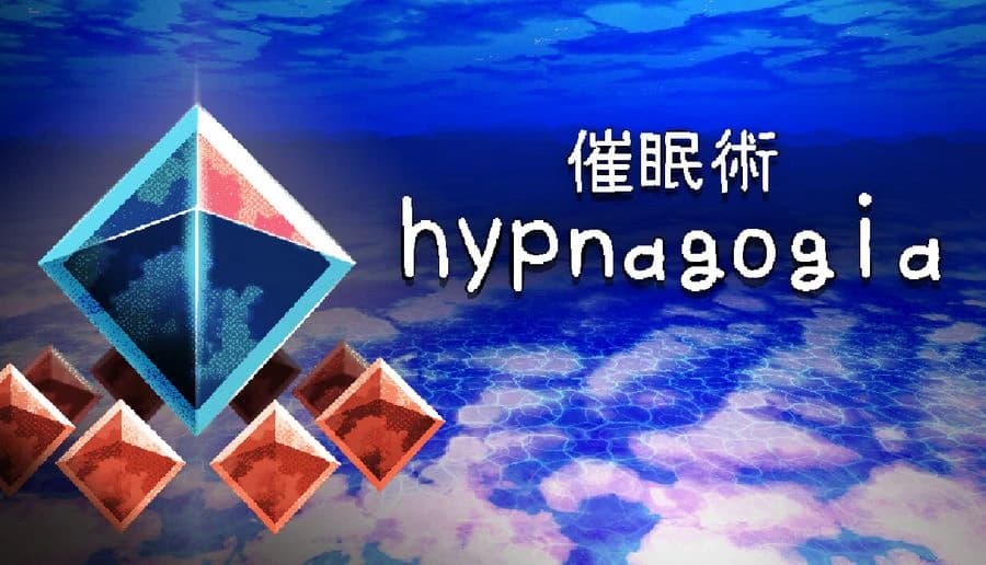 Hypnagogia 催眠術: Floating faceted crystal prism above red cubes in blue sky over purple cloudscape background.