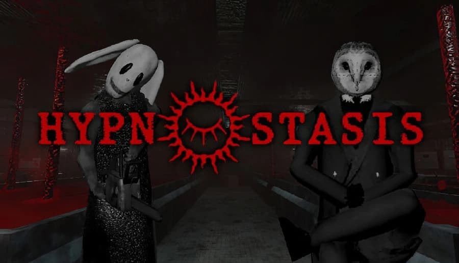 Hypnostasis: two masked figures with pale animal faces in dark coats holding rifles in a dim hallway corridor.