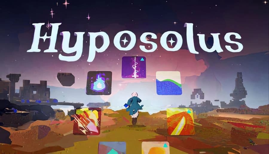 Hyposolus: Lone cloaked traveler walking toward glowing rune cubes under a starry sky amid broken ruins and rocks.