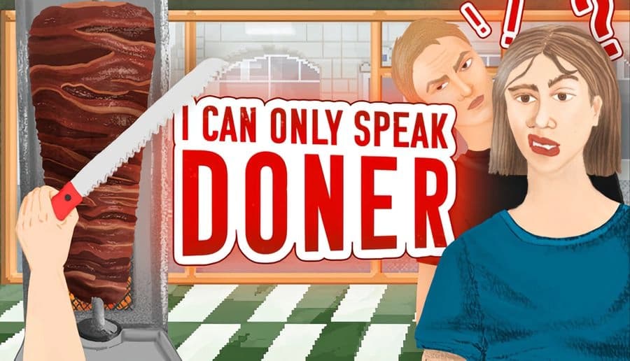 I Can Only Speak Doner: Hand slices doner meat in bustling shop with confused young woman as customer looks on questioningly.
