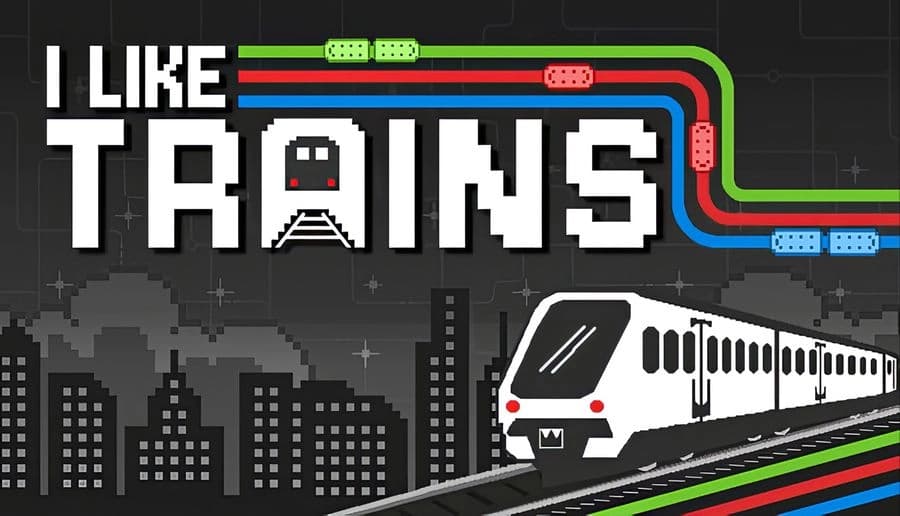 I Like Trains: white passenger train racing along tracks under colorful transit lines over a gray city skyline.