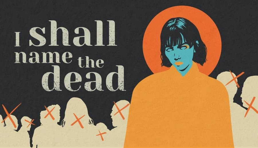 I SHALL NAME THE DEAD: woman with dark hair and orange halo behind her silhouette against grave markers in fog.
