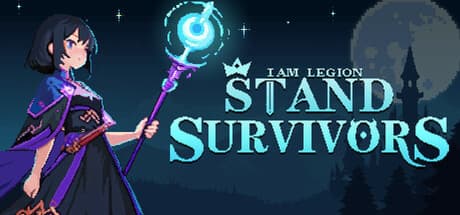 I Am Legion: Young girl in dark cloak holds glowing staff, castle silhouette under full moon, pixel art style.