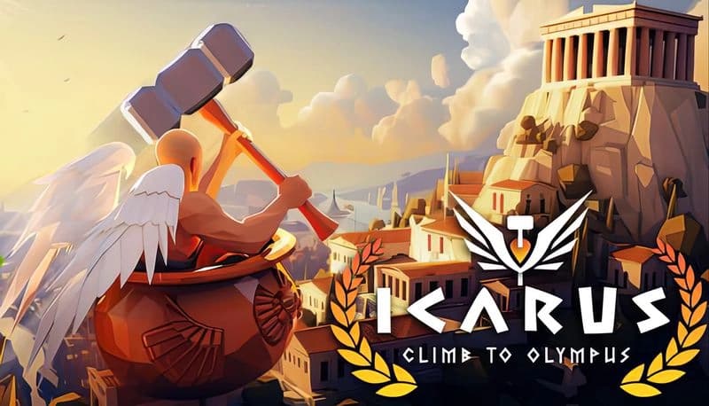 Icarus: Bald man with wings and hammer overlooks ancient city from a cauldron, aiming for Mount Olympus under a bright sky.