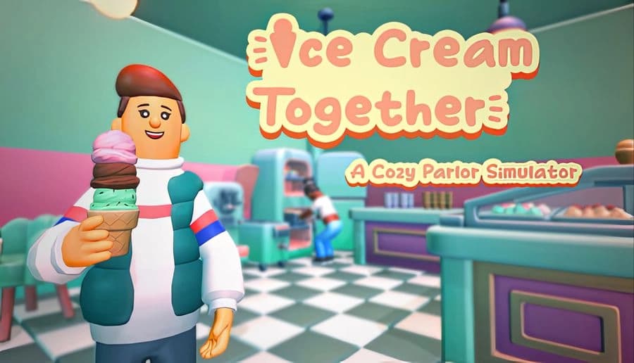 Ice Cream Together: Smiling man in red cap holds triple-scoop cone inside pastel ice cream parlor with counters.
