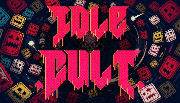 Idle Cult: red pixel title over swirling vortex with smiling square tiles and glowing orbs on a dark starry backdrop.