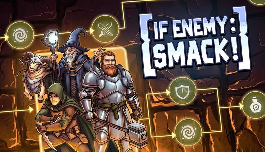 IF Enemy: Hooded rogue, armored knight, and bearded wizard stand in a dungeon corridor with glowing skill icons.