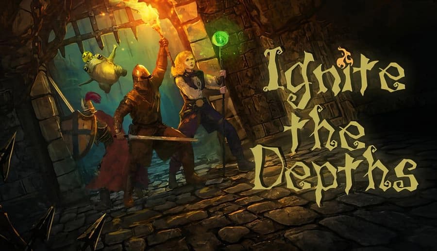 Ignite the Depths: three adventurers battle in a flooded stone corridor, torches and green orb lighting an archway.