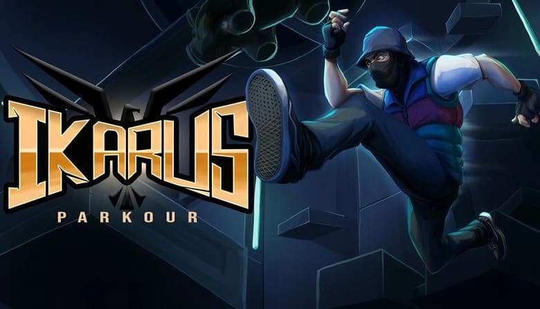 Young man leaps dynamically through a dark, abstract environment. He wears a blue cap, sleeveless jacket, gloves, and mask.