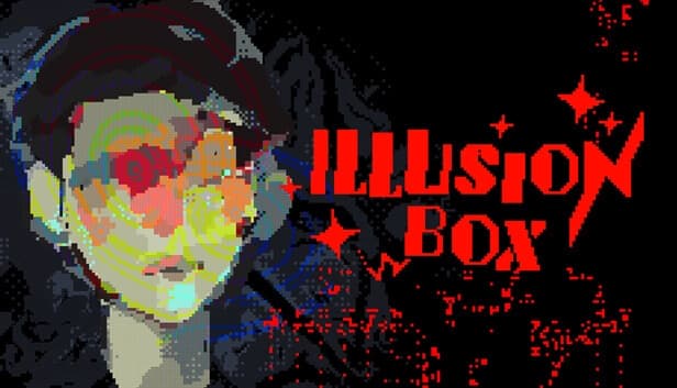 Young boy in pixel art with dark hair, face obscured by colorful abstract patterns on a dark background.