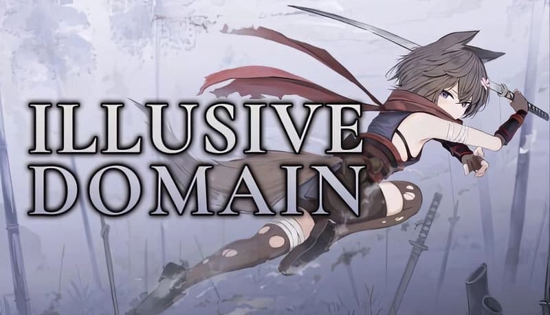Illusive Domain: Young girl wielding sword leaps through misty forest, red scarf flowing, ready for fast-paced battle.