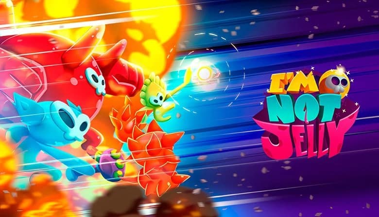 A vibrant blue jelly creature wielding a fiery mace battles plant monsters amid dynamic flashes, with a large red jelly.