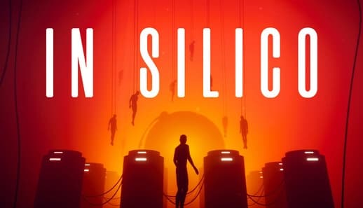 IN SILICO: Silhouetted man stands before five glowing pods, cables hanging, with floating figures in red chamber.