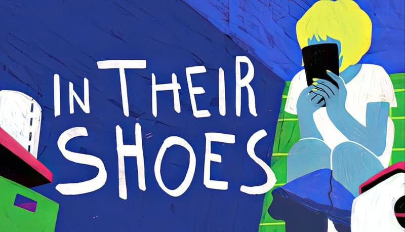 In Their Shoes: A young blonde girl with blue skin sits on green stairs, reading a black book, surrounded by colorful objects.
