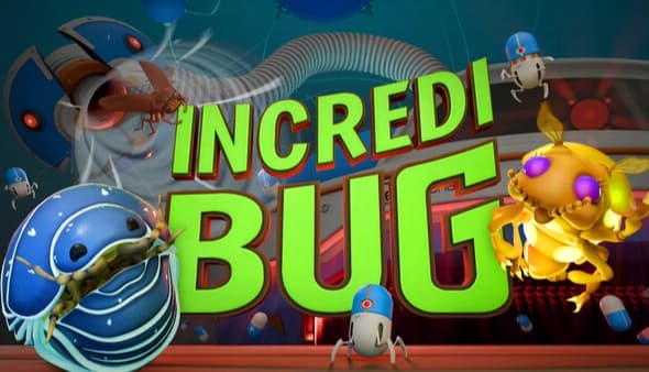 Incredibug: Blue pill bug and yellow winged insect face off near giant green title letters on a techy backdrop.