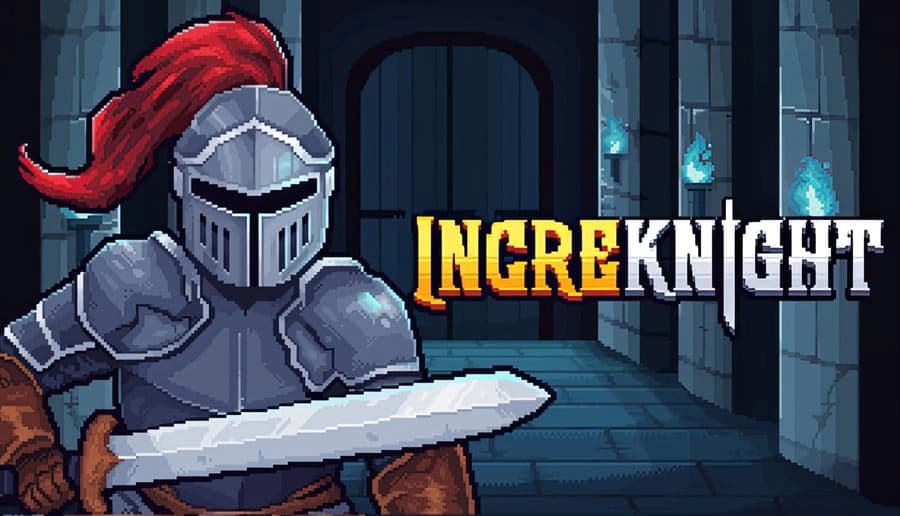 IncreKnight: armored knight with red plume grips a sword beside a stone doorway in a pixel-art castle hall.
