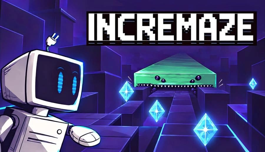 Incremaze: white robot with blue face screen reaches toward floating blue crystals in a neon purple grid maze corridor.