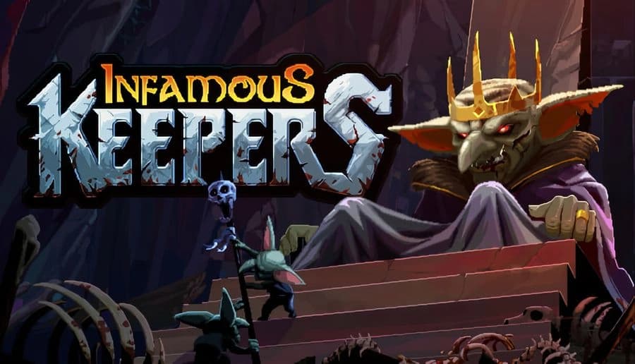 Infamous Keepers: horned demon king lounges on a throne as a small skeleton warrior raises a sword in a dungeon hall.