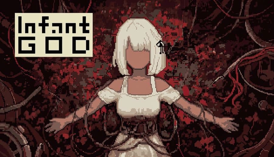 Infant God: Faceless young girl with white bob haircut spreads arms amid red flesh-like cables and dark void background.