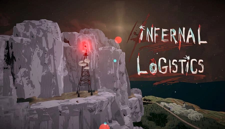 Infernal Logistics: pickup truck parked on a dark coastal road beneath jagged neon title letters and smoky sky.