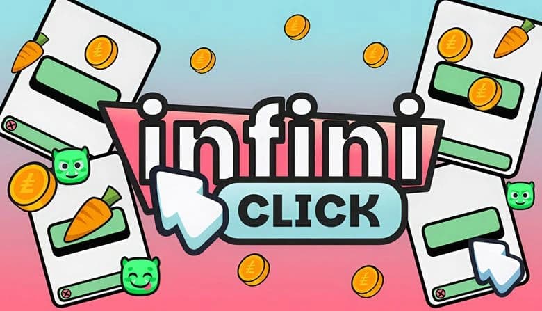 Cartoonish setup with cursors clicking buttons on floating windows, carrots, smiling green creatures, and gold coins.