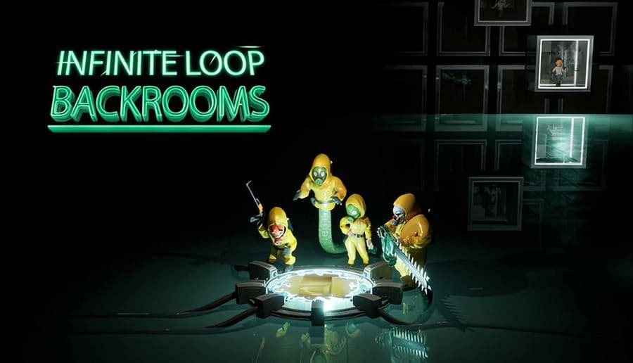 Infinite Loop: four hazmat-suited figures with guns around a glowing portal machine in a dark flooded room.