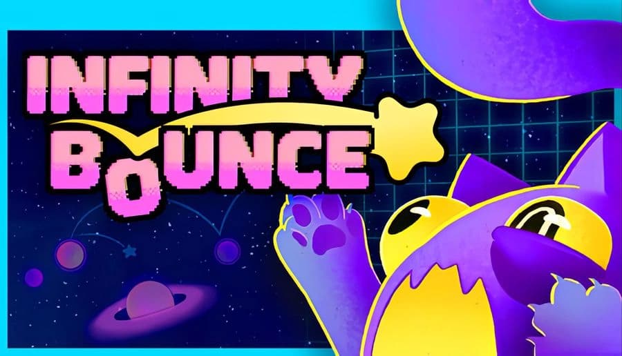 Infinity Bounce: purple space cat reaching up beside a yellow star icon, on a blue grid starfield background.