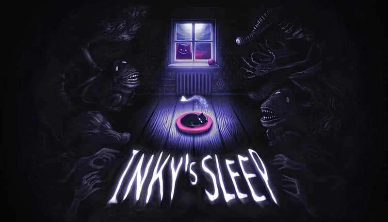 Inky's Sleep: A black cat sleeps in moonlit room, surrounded by shadowy creatures. A ghostly face peers through the window.