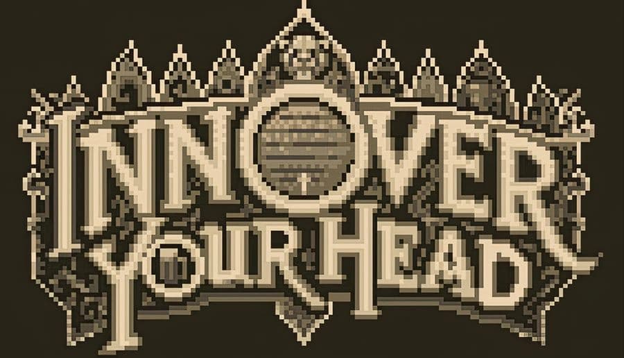 Inn Over Your Head: Pixel-art tavern sign with ornate frame and large lettering on dark background with small icons below.