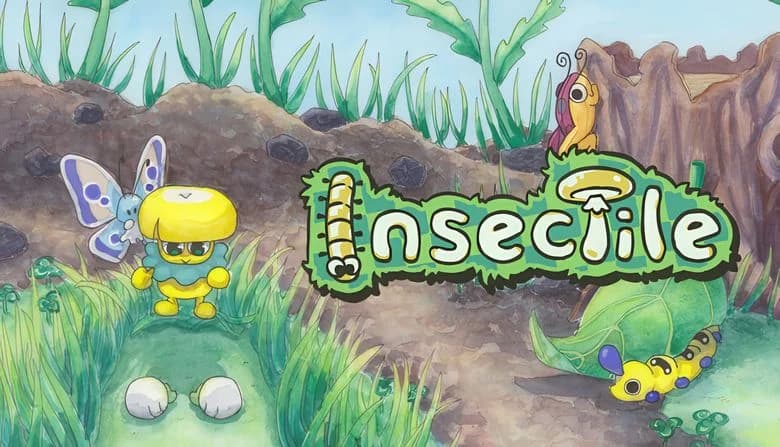 A yellow mushroom character and blue butterfly companion in grassy area look at insects. Nearby, a cricket and caterpillar.