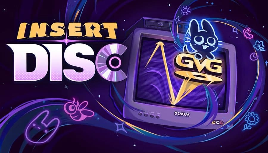 Insert Disc: Glowing DVD logo bounces across a CRT television screen with neon streaks, floating in a starry space backdrop.