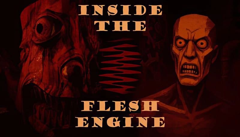Inside the Flesh Engine: Two grotesque faces, one skeletal, in a dark, eerie setting with red hues and ominous shadows.