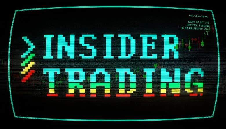 Pixelated text "INSIDER TRADING" in bold colors dominates the screen, with stock charts and candle chart in the background.