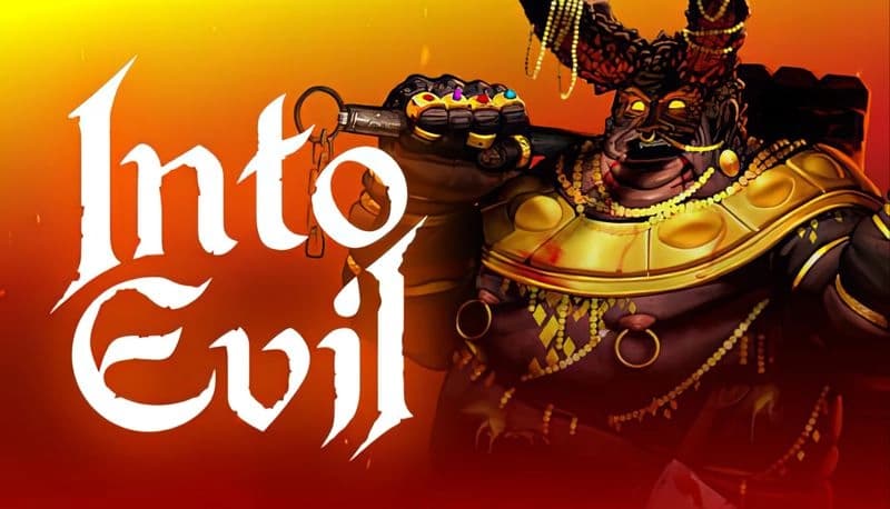 INTO EVIL: Demon with ornate armor holds a hammer against a fiery backdrop, adorned with gold chains and fierce horns.